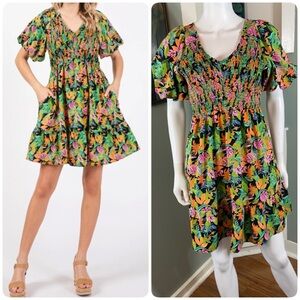 JODIFL Tropical Floral Mini Dress Smocked Puff Sleeve Small S Bright Tiered